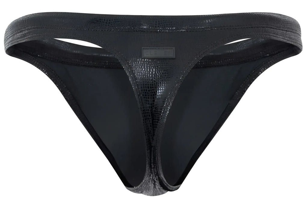 Black crocodile-textured Clever 2071 Gorgona swim thong with sleek form-fitting design and subtle sheen