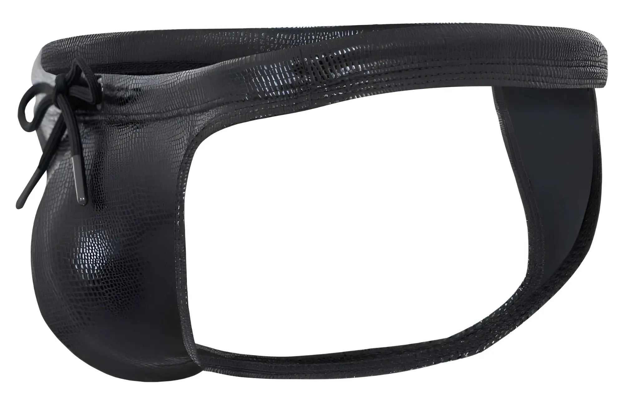 Black Clever 2071 Gorgona swim thong in faux leather with textured reptile skin pattern and tied bow at the front
