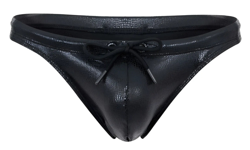 Black faux leather clever 2071 gorgona swim thong with textured crocodile pattern and matching drawstring tie