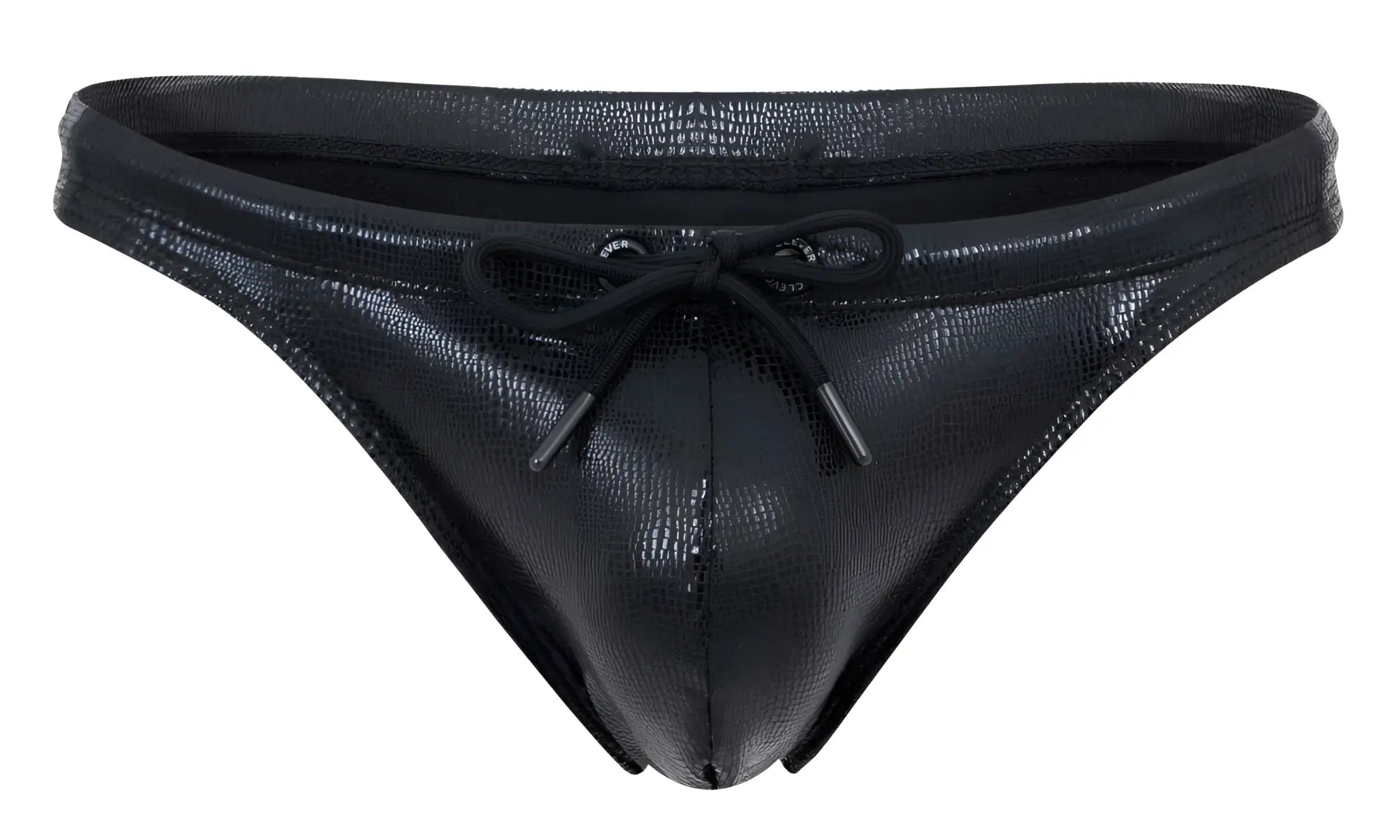 Black faux leather clever 2071 gorgona swim thong with textured crocodile pattern and matching drawstring tie