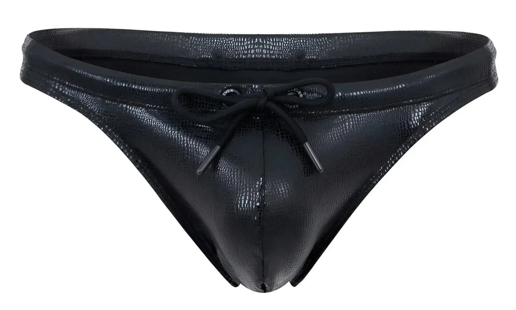 Black faux leather clever 2071 gorgona swim thong with textured crocodile pattern and matching drawstring tie