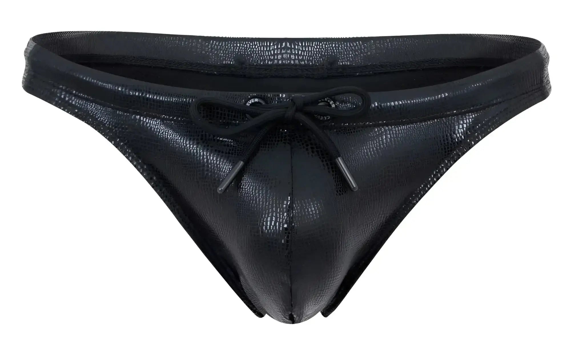 Black faux leather clever 2071 gorgona swim thong with textured crocodile pattern and matching drawstring tie