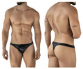Black shiny latex thong with drawstring waistband shown from the back in clever 2071 gorgona swim thongs color black