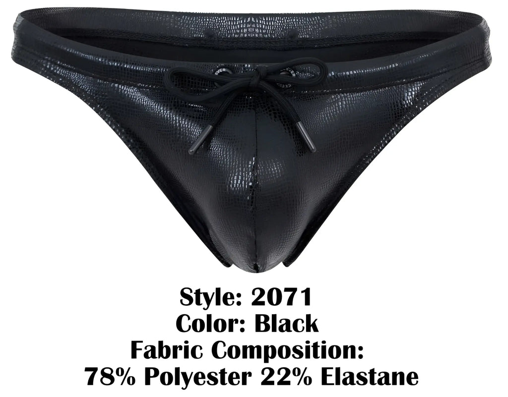 Clever 2071 gorgona swim thong in black faux leather with shiny crocodile texture and black drawstring bow at the front