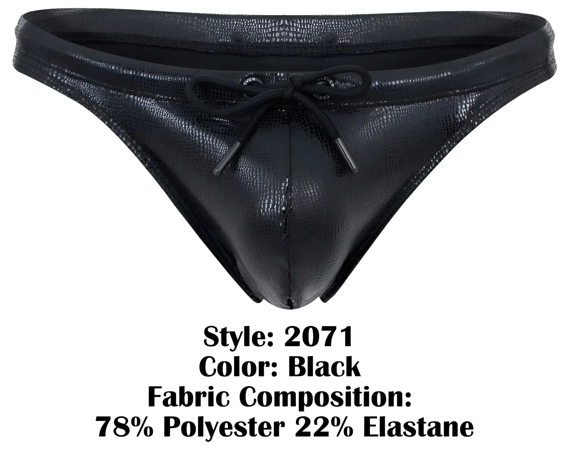 Clever 2071 gorgona swim thong in black faux leather with shiny crocodile texture and black drawstring bow at the front