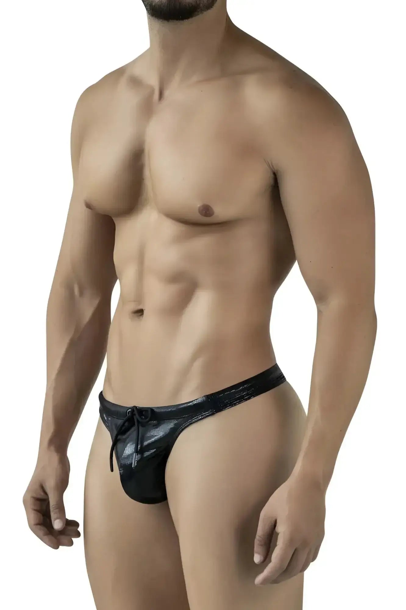 Black shiny latex briefs with a drawstring waistband from clever 2071 gorgona swim thongs in black color