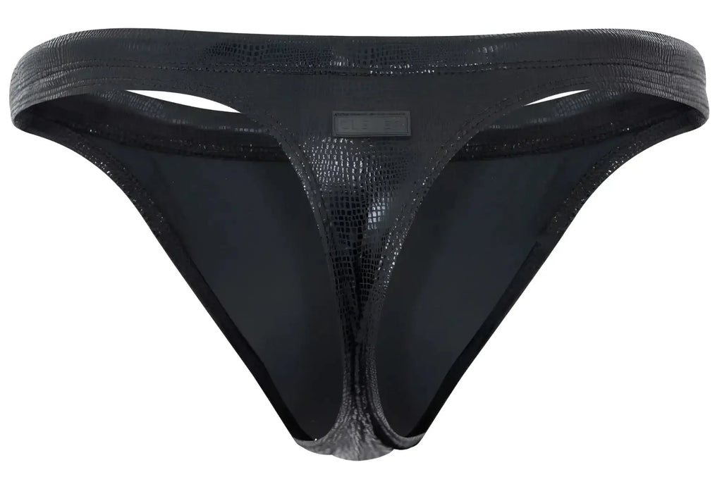 Black crocodile-textured Clever 2071 Gorgona swim thong with sleek form-fitting design and subtle sheen