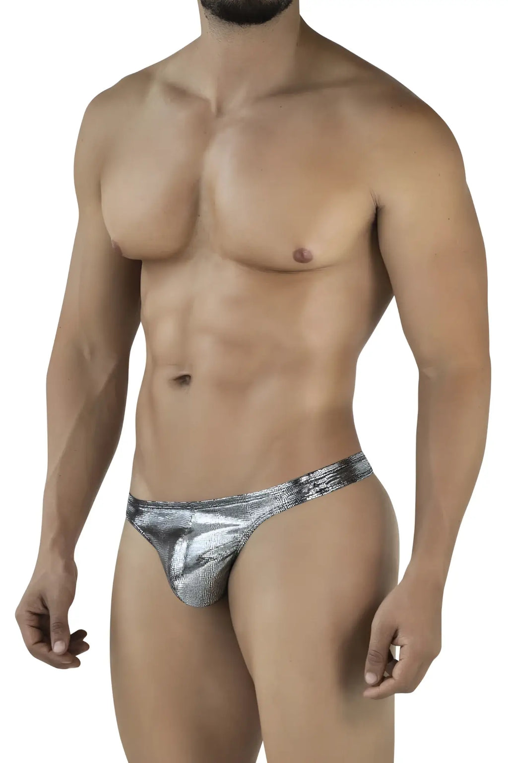Shiny silver metallic briefs with a textured reflective surface from clever 2072 sparkles thongs in black color