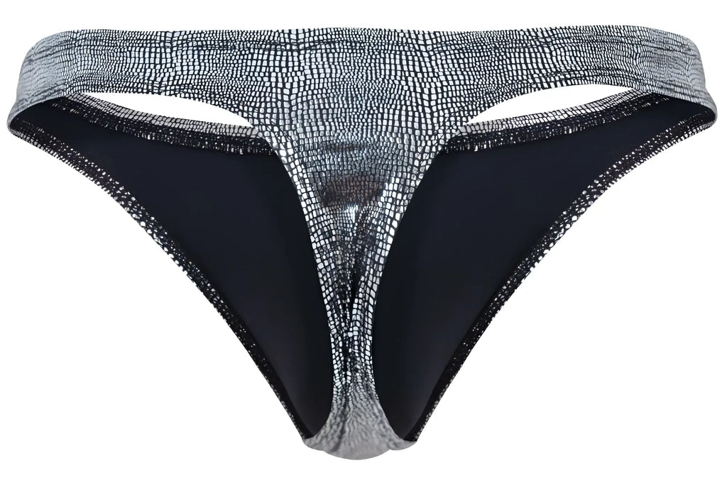 Silver crocodile-patterned clever 2072 sparkles thong with black inner lining and glittery trim in black color