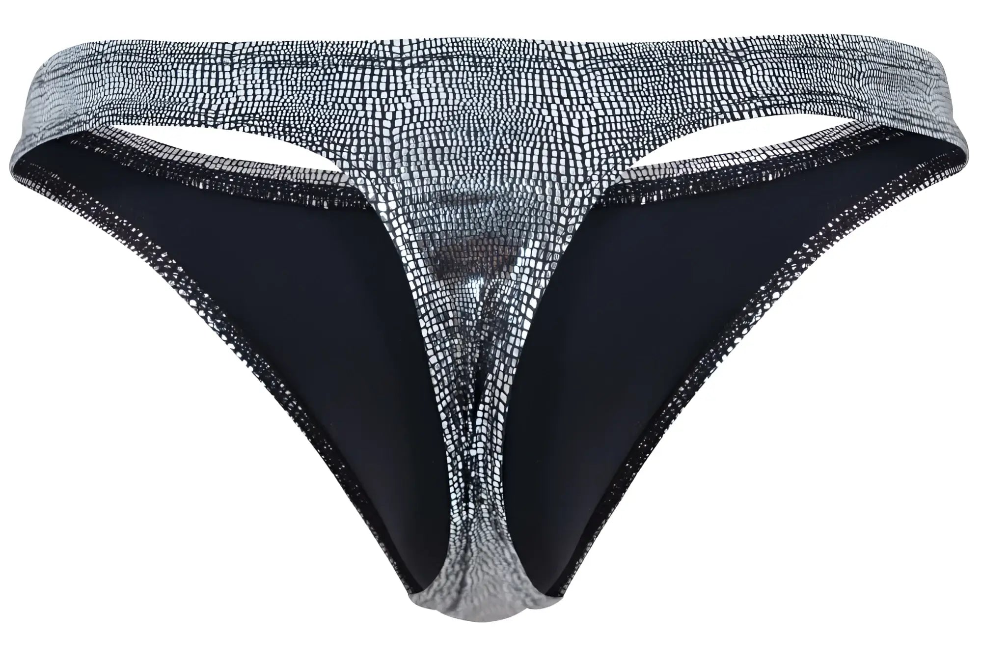 Silver crocodile-patterned clever 2072 sparkles thong with black inner lining and glittery trim in black color