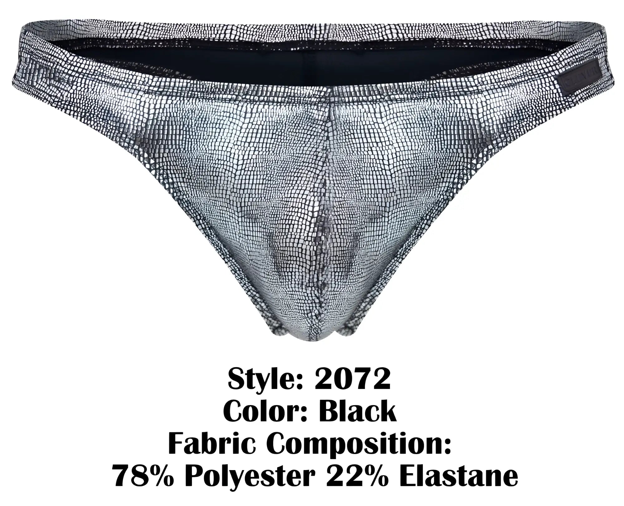 Silver metallic crocodile-patterned clever 2072 sparkles thong with black interior lining visible from the back side