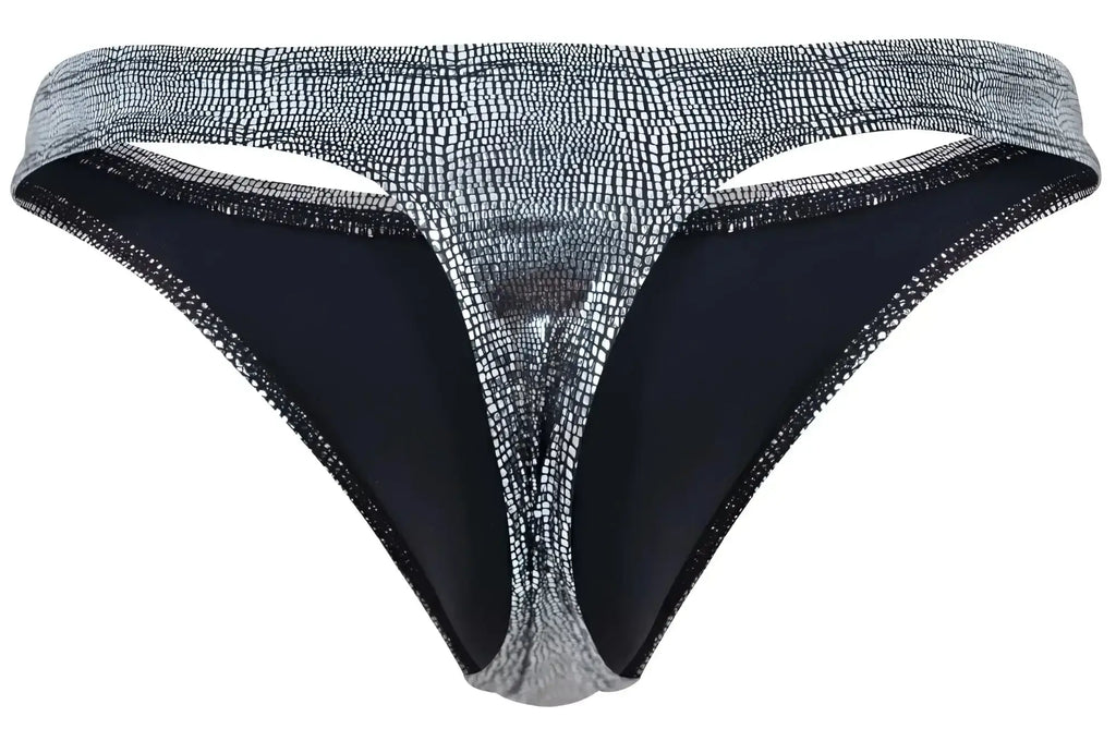 Silver crocodile-patterned clever 2072 sparkles thong with black inner lining and glittery trim in black color