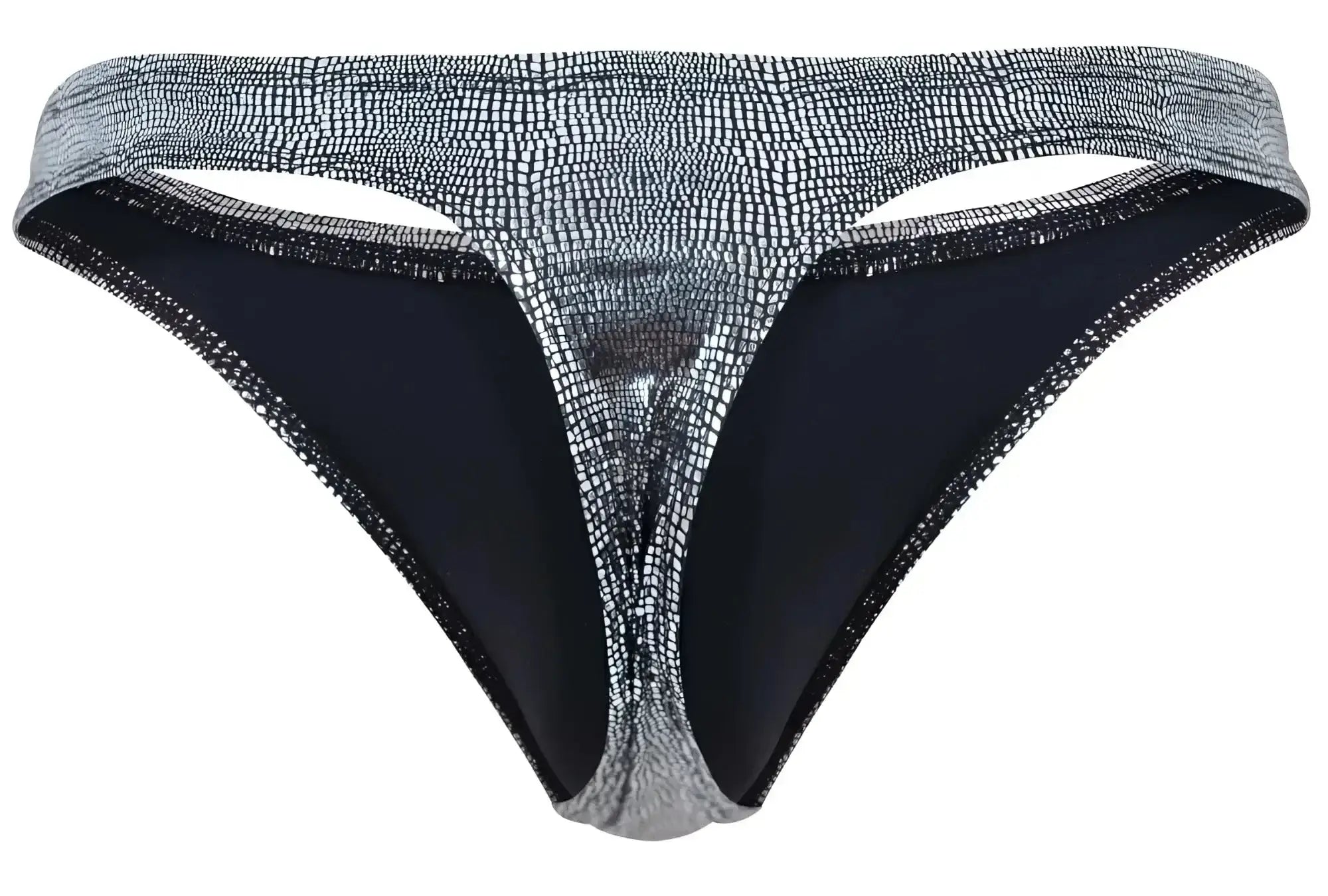 Silver crocodile-patterned clever 2072 sparkles thong with black inner lining and glittery trim in black color