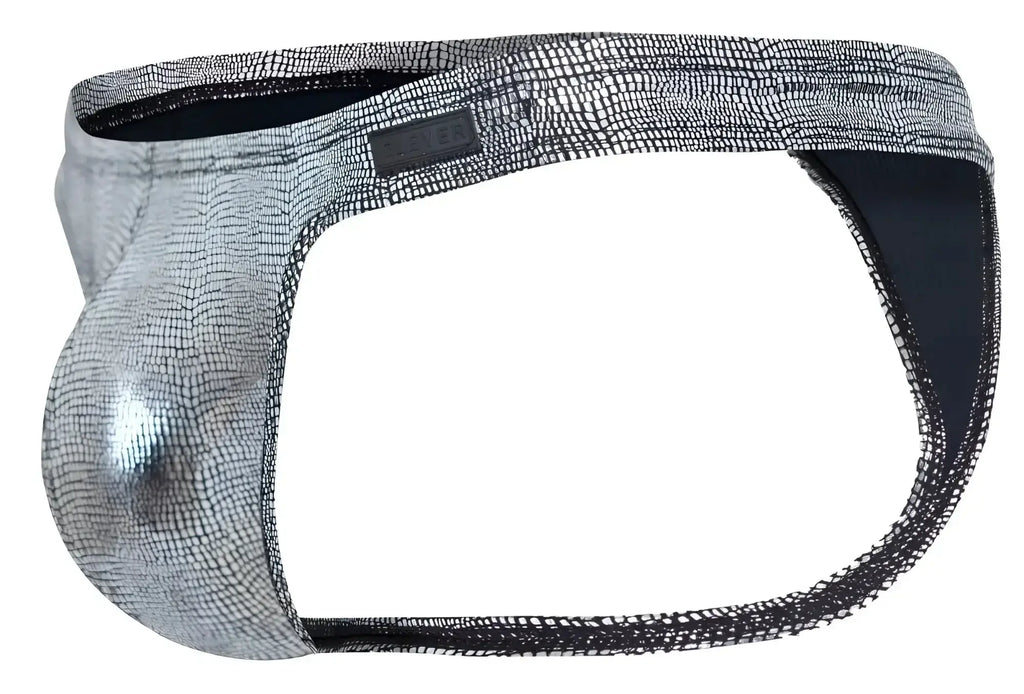 Silver metallic snake-skin patterned clever 2072 sparkles men’s thong with black mesh trim and branded label