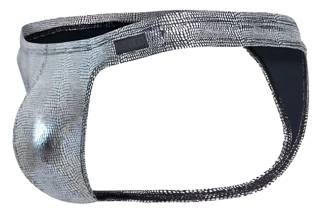 Silver metallic snake-skin patterned clever 2072 sparkles men’s thong with black mesh trim and branded label