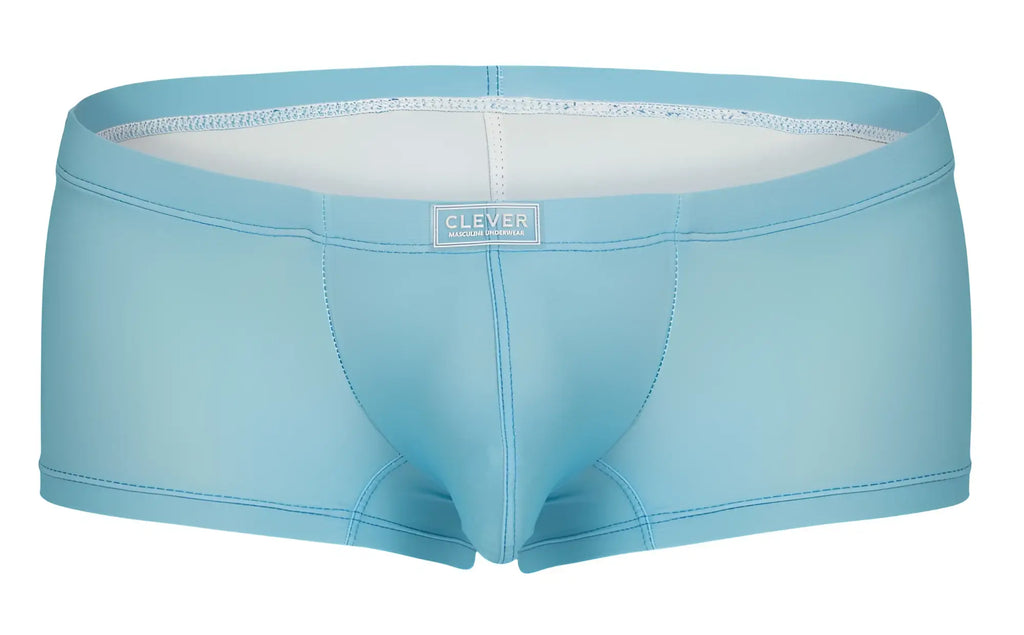 Light blue form-fitting boxer briefs with white inner lining and clever brand label on waistband from clever 229946 7pk trunks