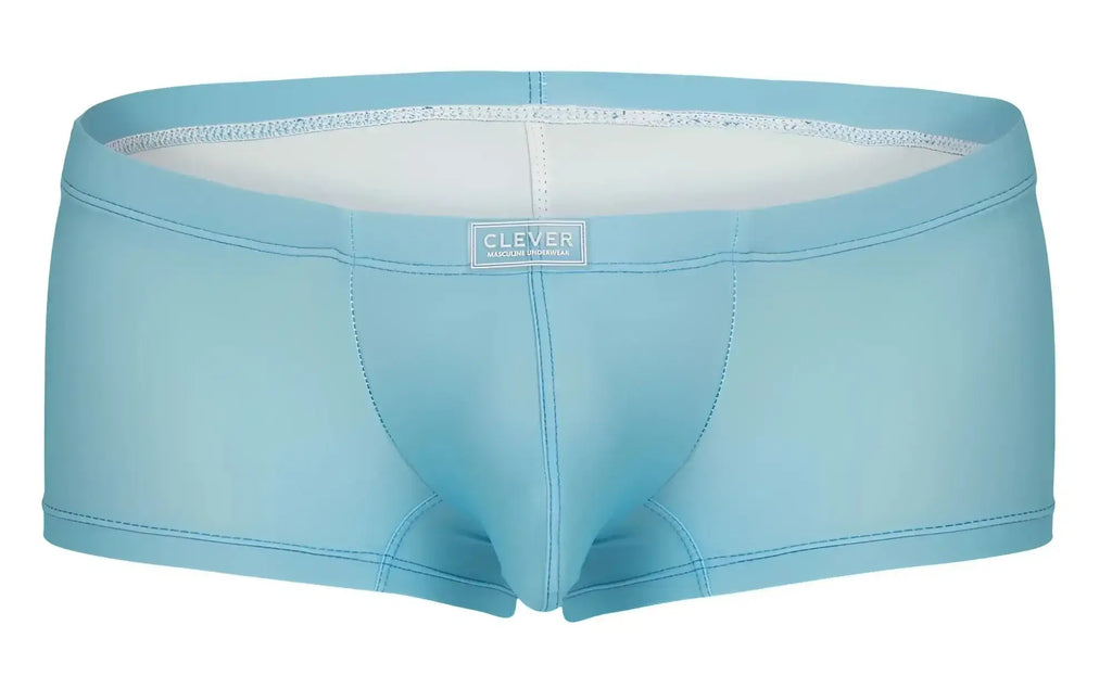 Light blue form-fitting boxer briefs with white inner lining and clever brand label on waistband.