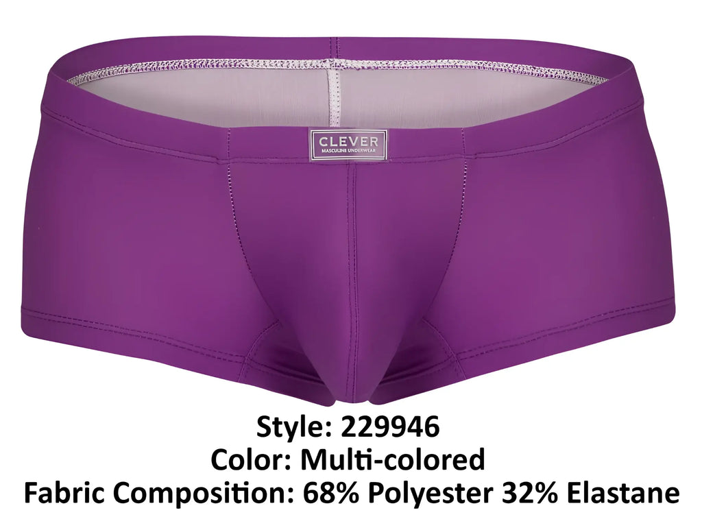 Purple men’s briefs clever 229946 7pk trunks with silver label gray lining made of 68 polyester 32 elastane