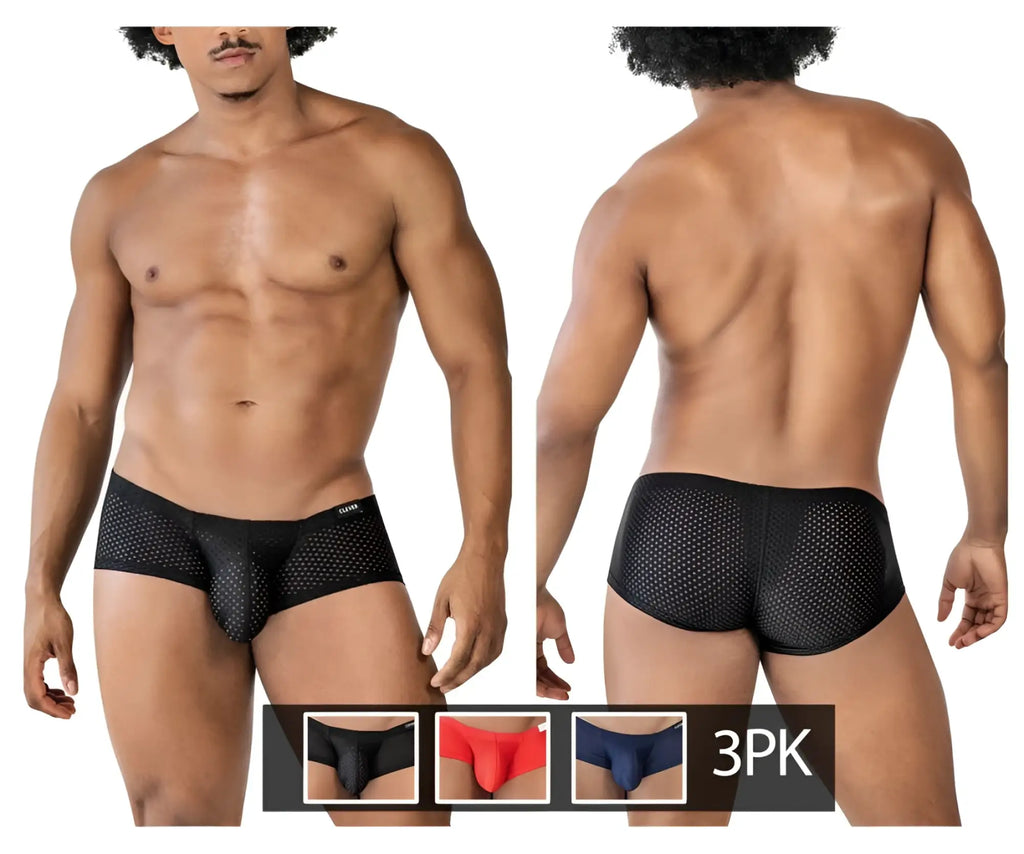Black clever 229947 latinx trunks with perforated mesh design and contoured cut in a three pack red blue and black