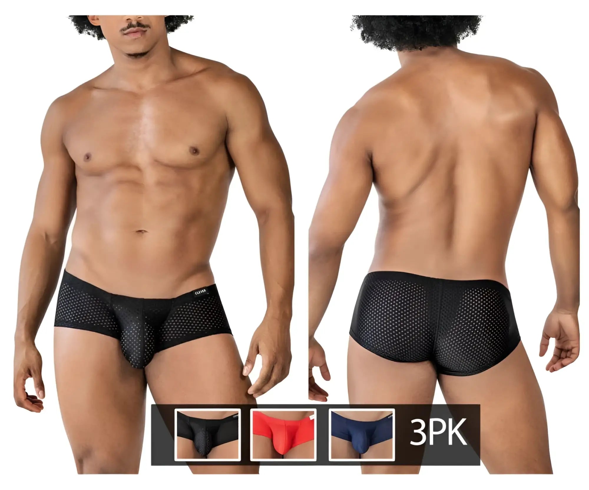 Black clever 229947 latinx trunks with perforated mesh design and contoured cut in a three pack red blue and black