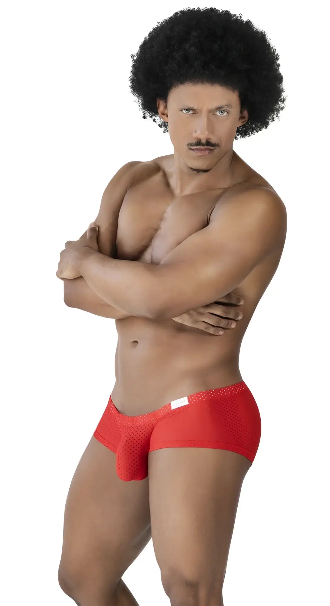 Red mesh briefs with a white label on the waistband from clever 229947 3pk australian latin trunks in black and red