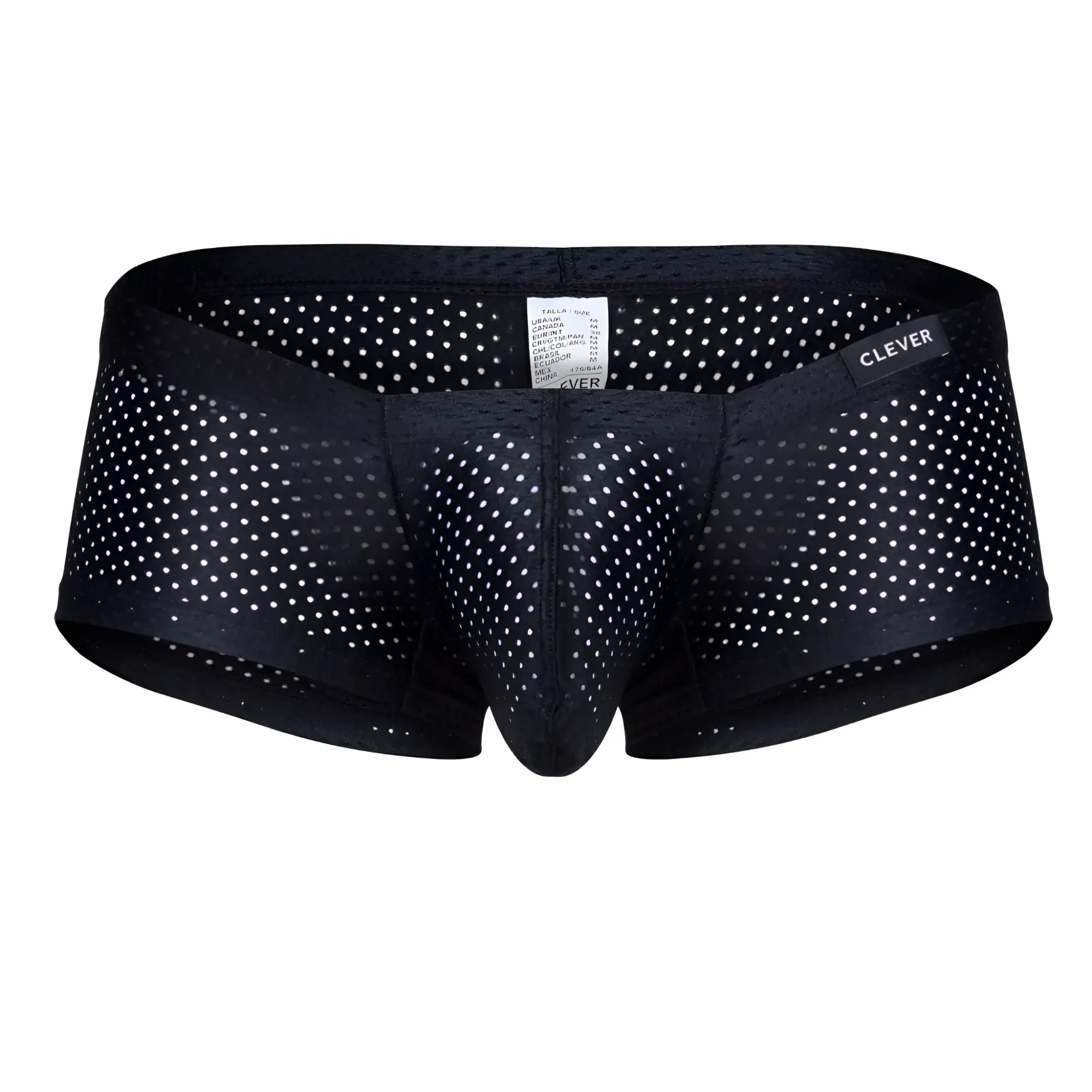 Black mesh briefs with white polka dots and a clever brand label from clever 229947 3pk australian latin trunks