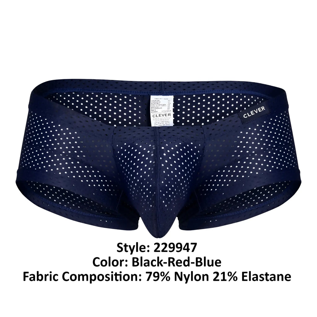 Navy blue mesh briefs with white polka dots featuring clever brand label from clever 229947 3pk australian latin trunks