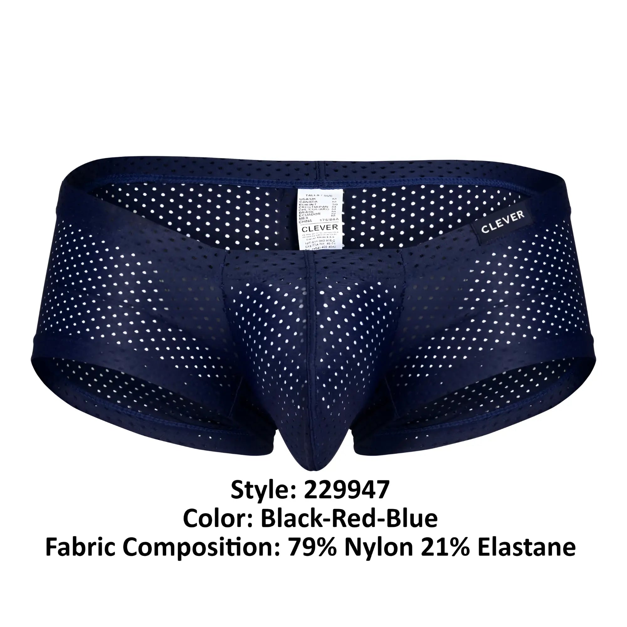 Navy blue mesh briefs with white polka dots featuring clever brand label from clever 229947 3pk australian latin trunks