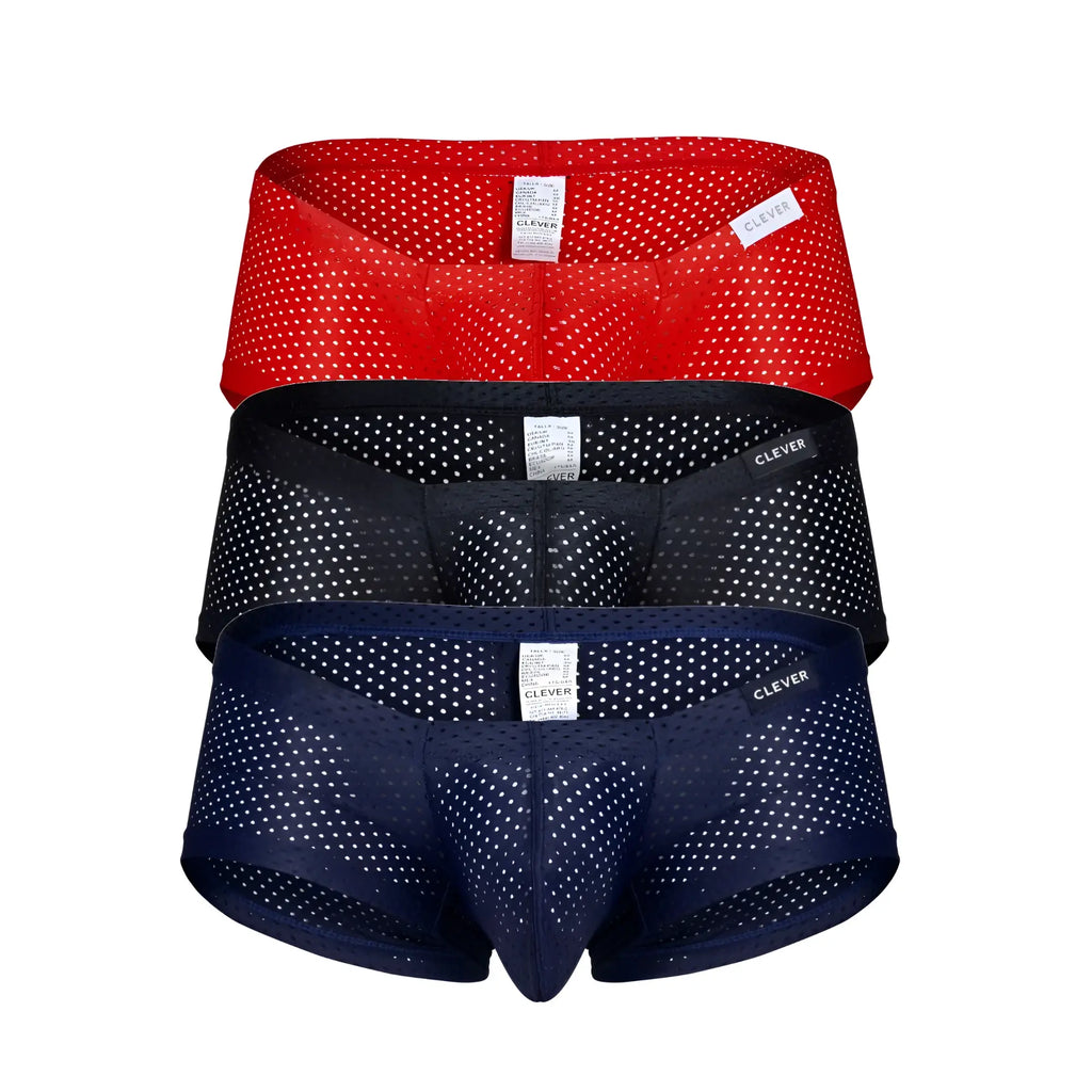 Three pairs of clever breathable mesh briefs in black red and navy blue with white polka dots