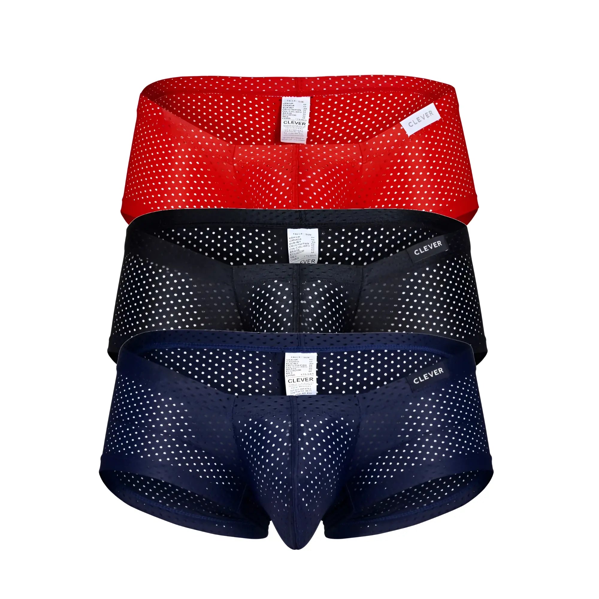 Three pairs of clever breathable mesh briefs in black red and navy blue with white polka dots
