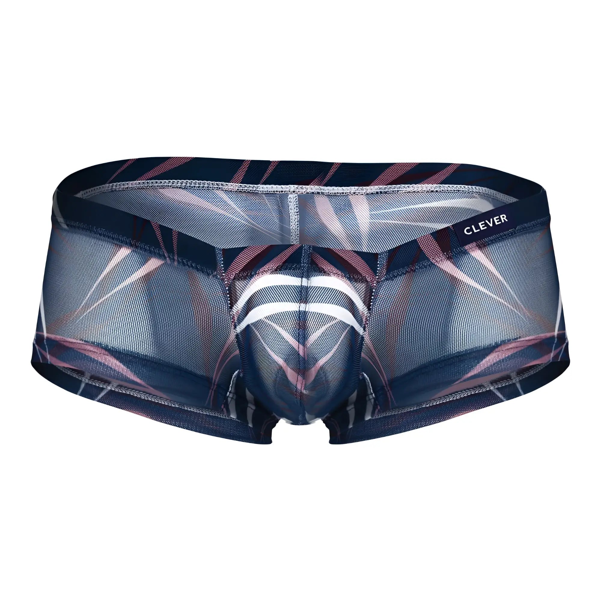 Clever 229948 3PK Australian Latin trunks in navy blue pink and white sheer geometric patterned fabric