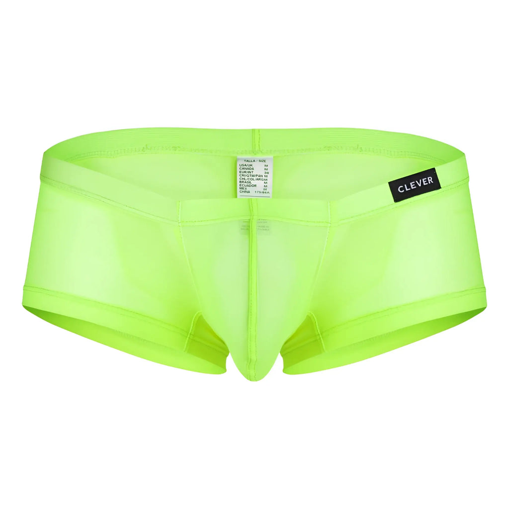 Bright neon green sheer men’s briefs with black clever brand label on waistband from clever 229948 australian latin trunks pack