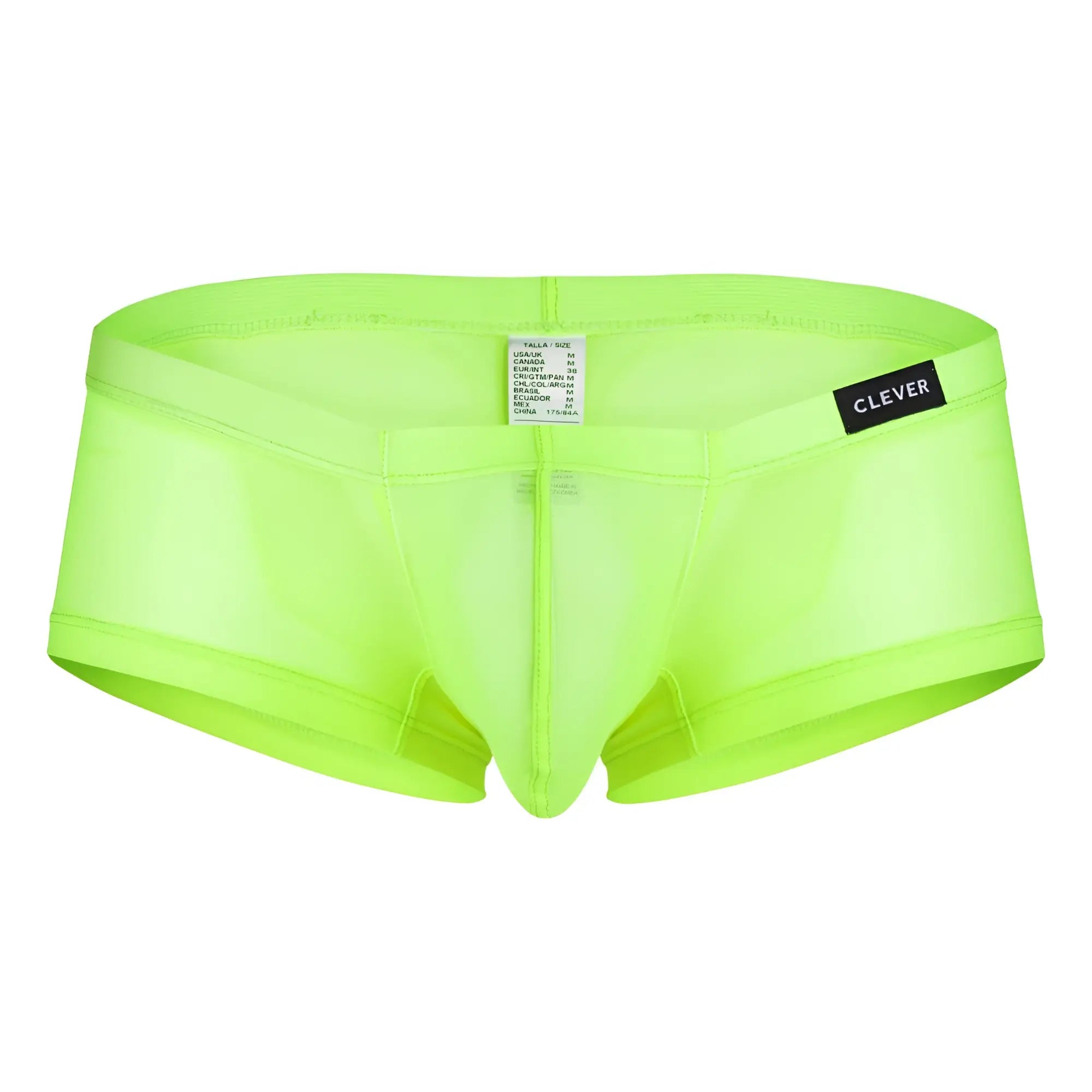 Bright neon green sheer men’s briefs with black clever brand label on waistband from clever 229948 australian latin trunks pack