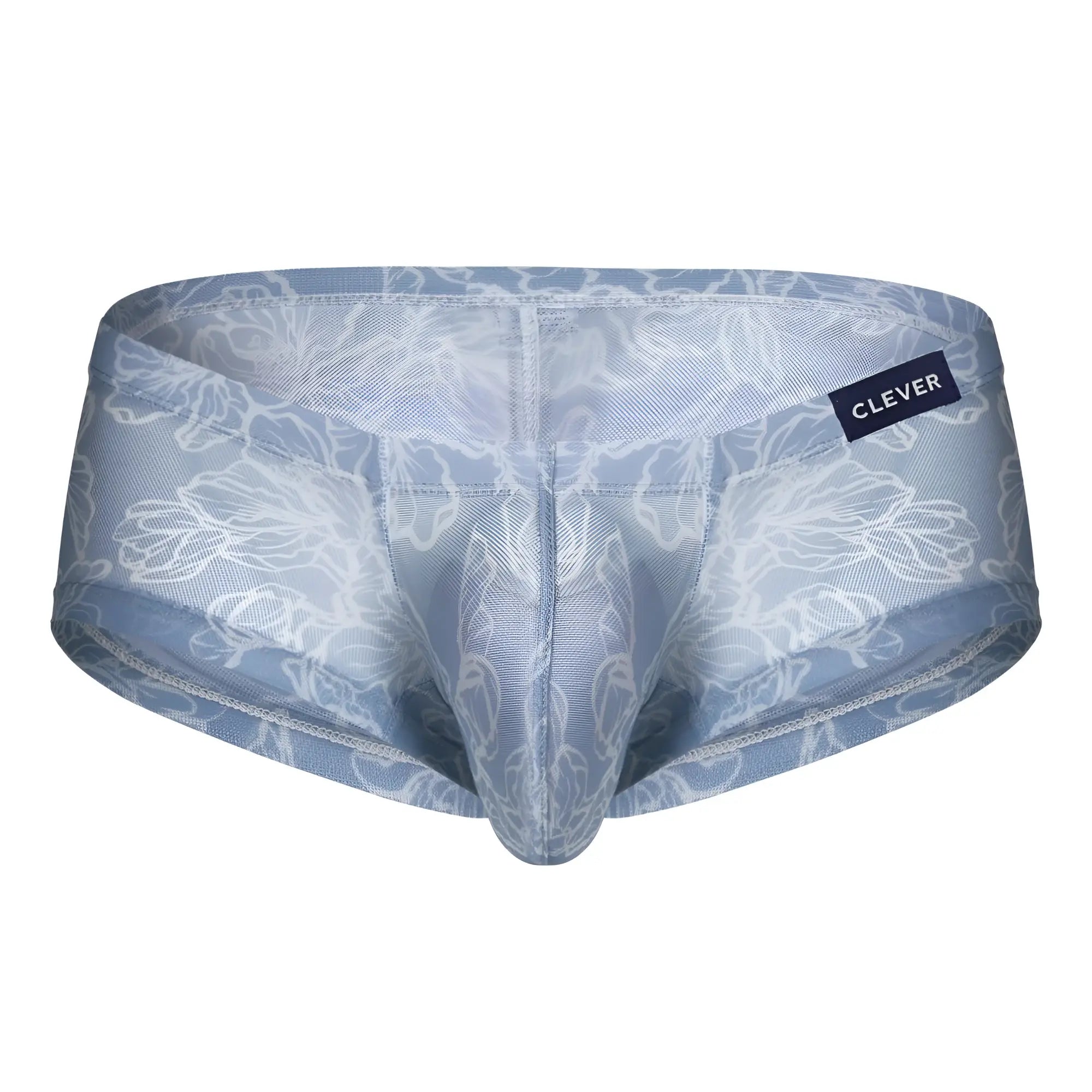Light blue sheer lace Clever briefs with white floral embroidery from Clever 229948 Australian Latin trunks 3PK gray green blue