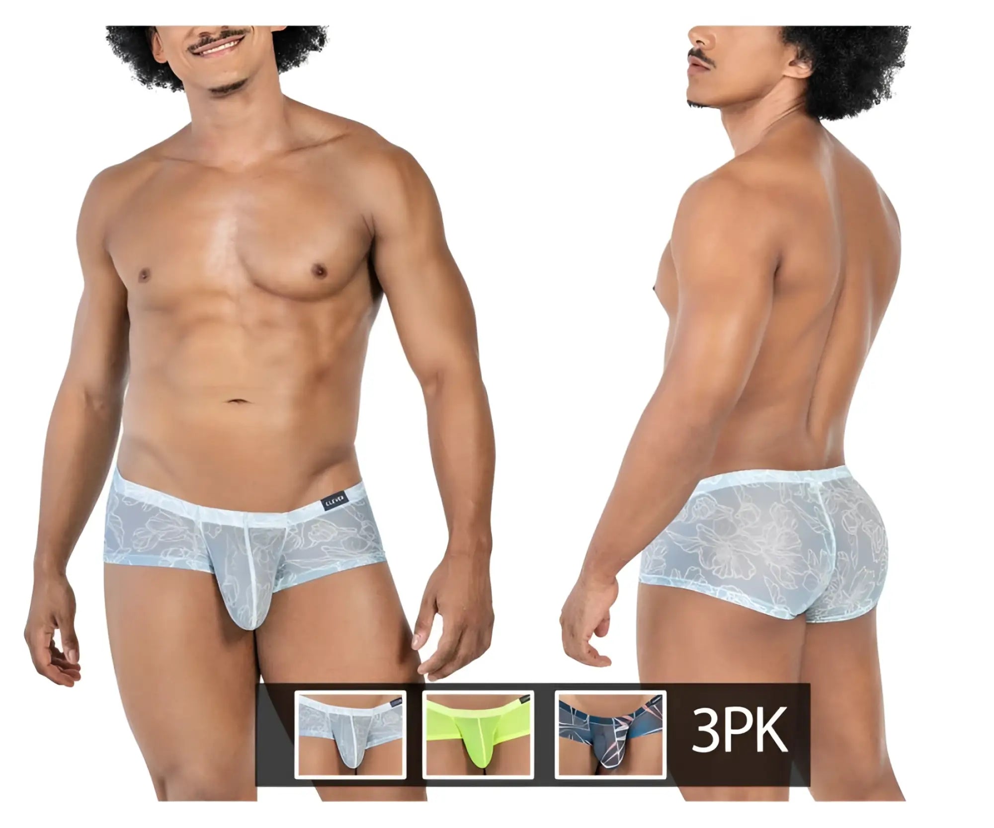 Light blue sheer lace men’s briefs with floral pattern and white trim from clever 229948 australian latin trunks 3pk