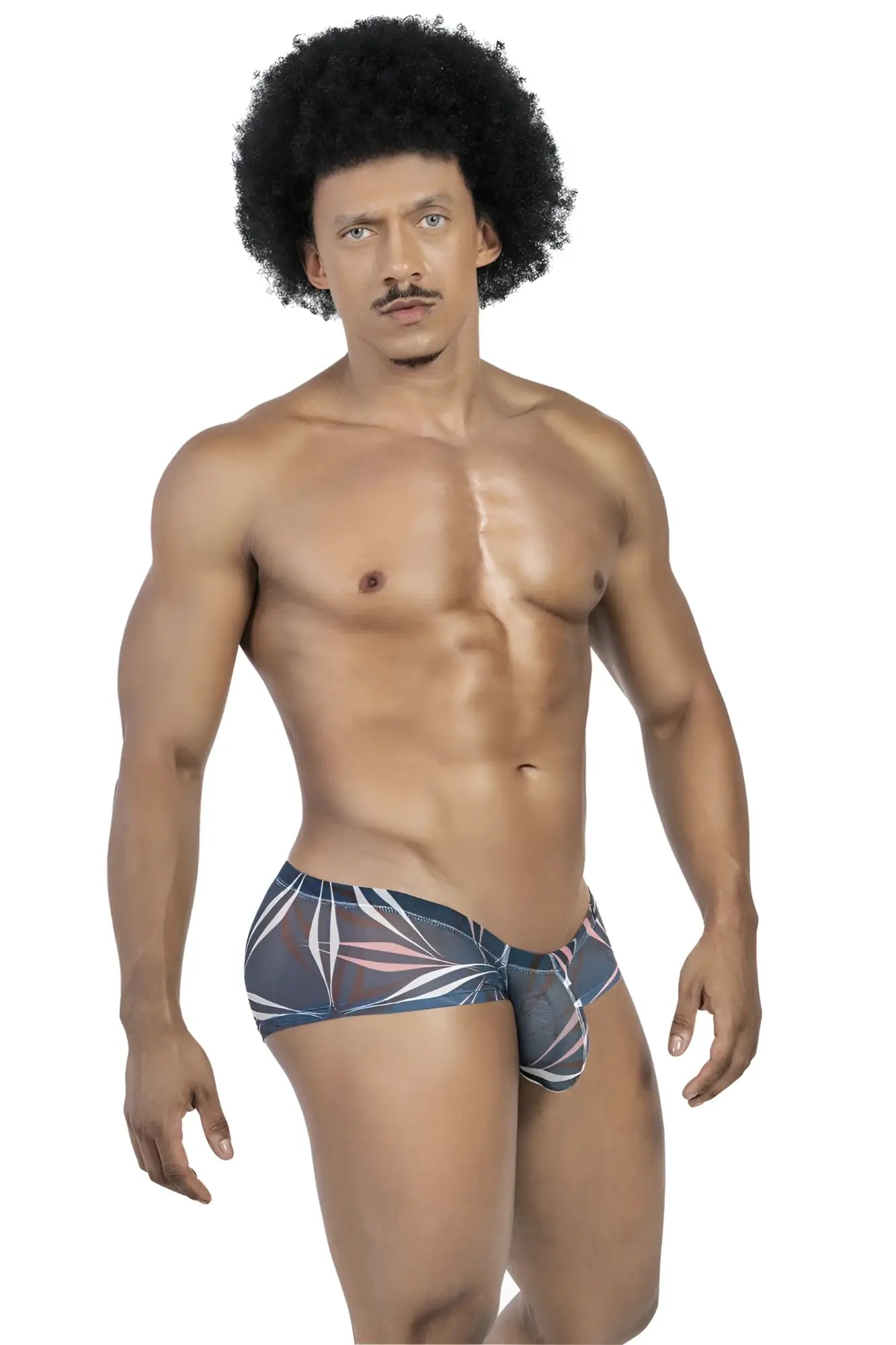 Men’s clever australian latin trunks briefs with dark blue and pink tropical leaf pattern in a 3pk set