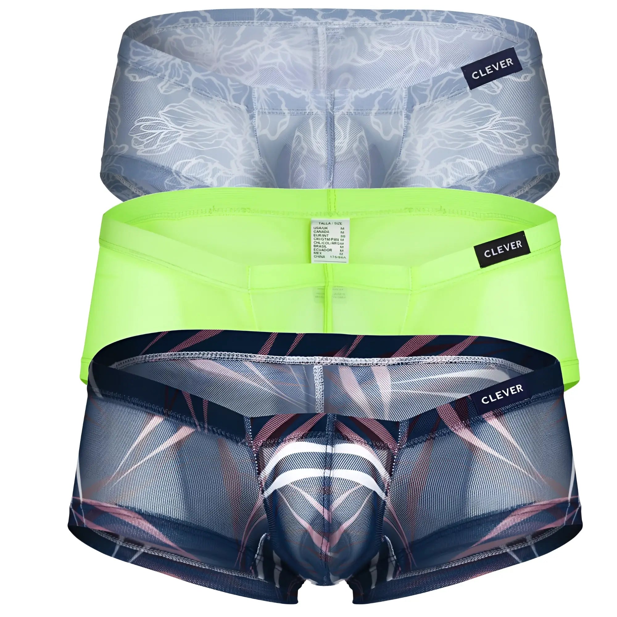 Three pairs of clever australian latin trunks in gray floral, neon green, and dark blue geometric with pink accents