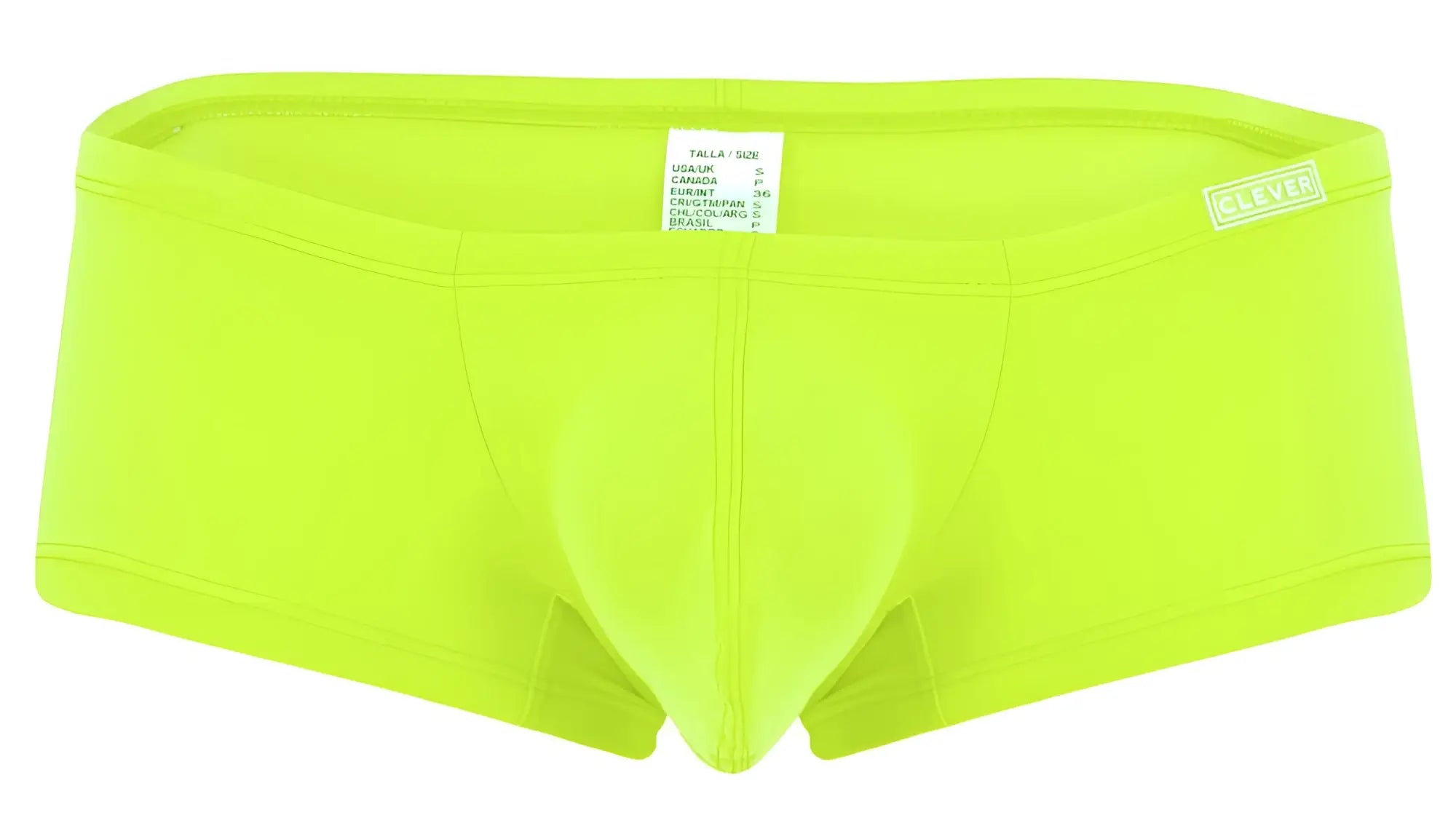 Bright neon green clever men’s briefs with supportive pouch and embroidered waistband in multi-colored 3pk trunks