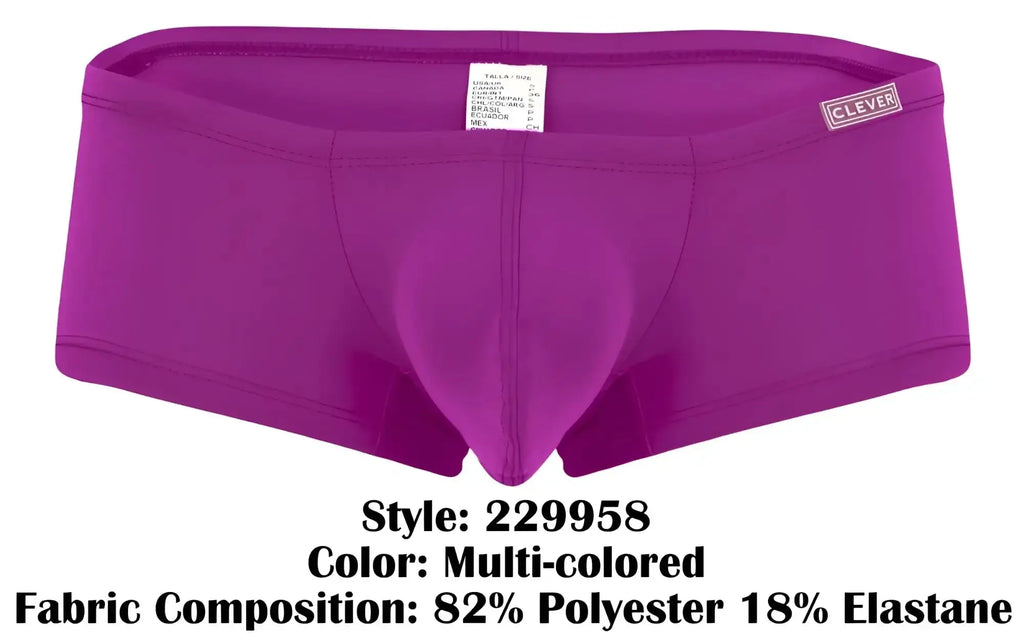Purple clever 229958 australian latin trunks with supportive contoured design and multicolored waistband label