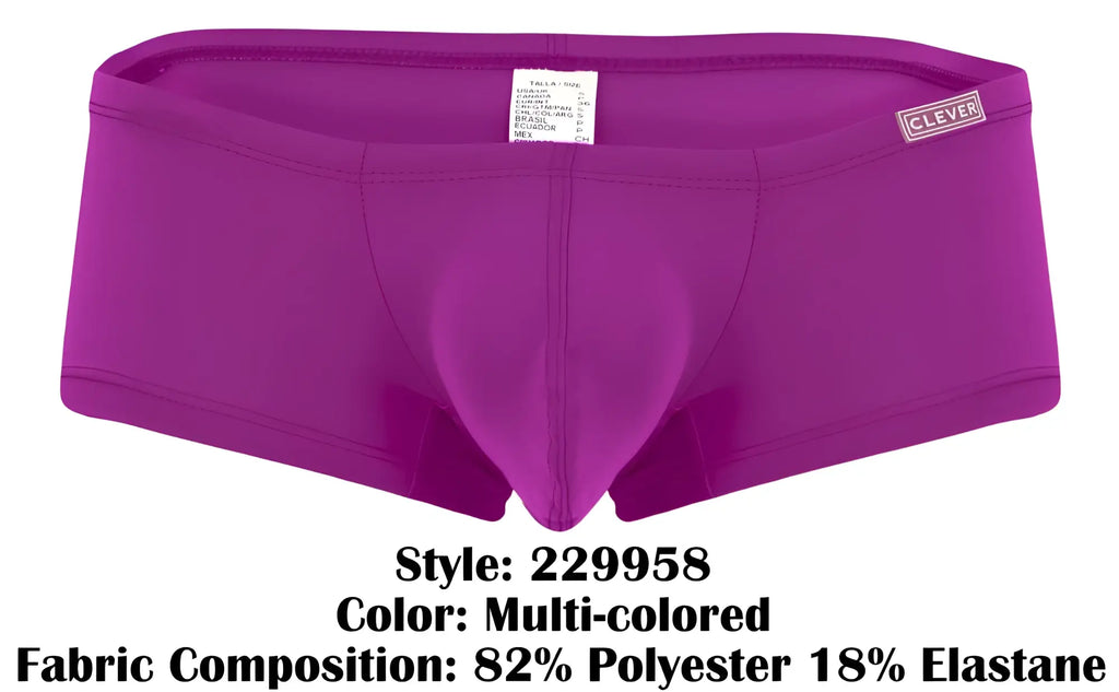 Purple clever 229958 australian latin trunks with supportive contoured design and multicolored waistband label