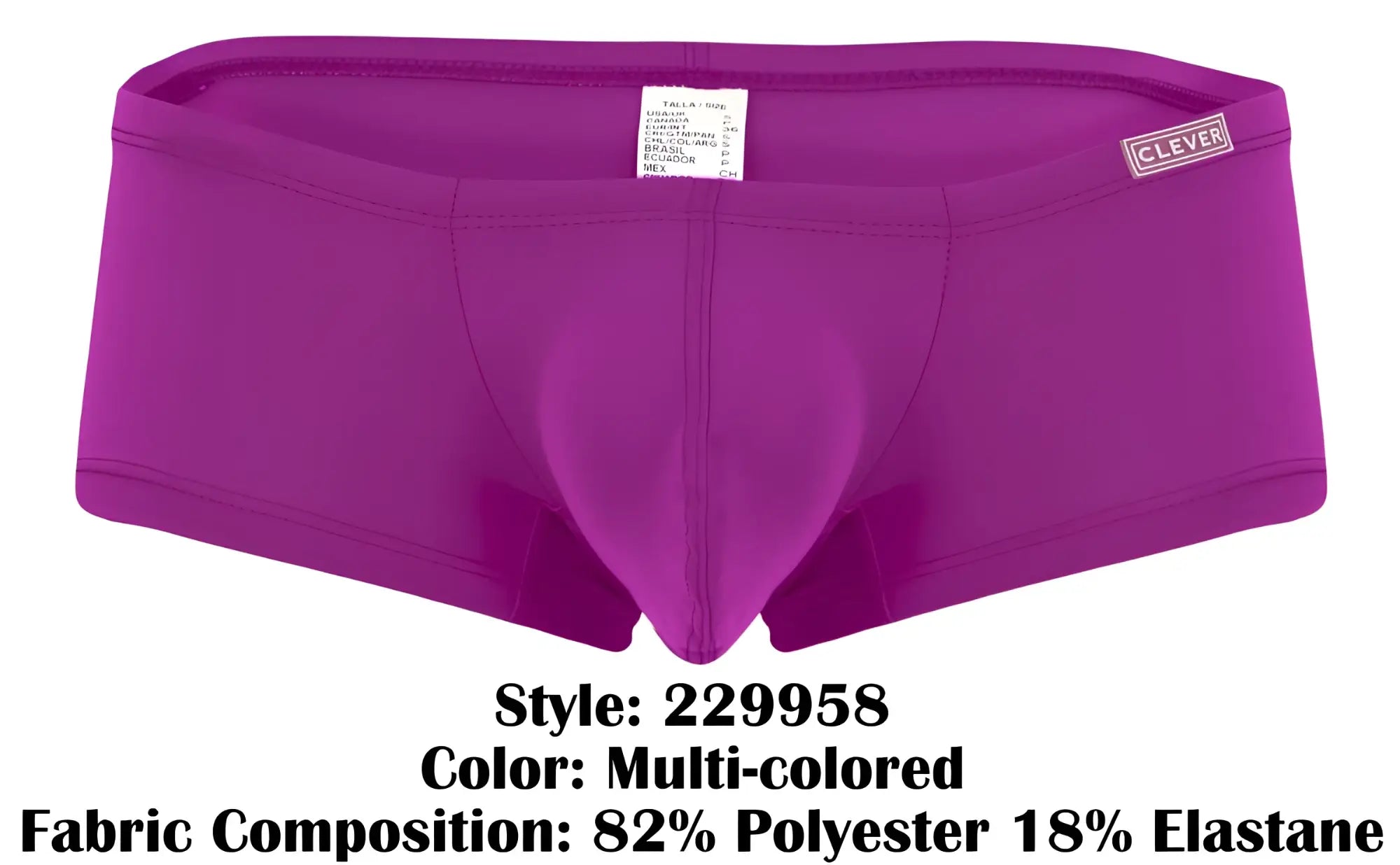 Purple clever 229958 australian latin trunks with supportive contoured design and multicolored waistband label