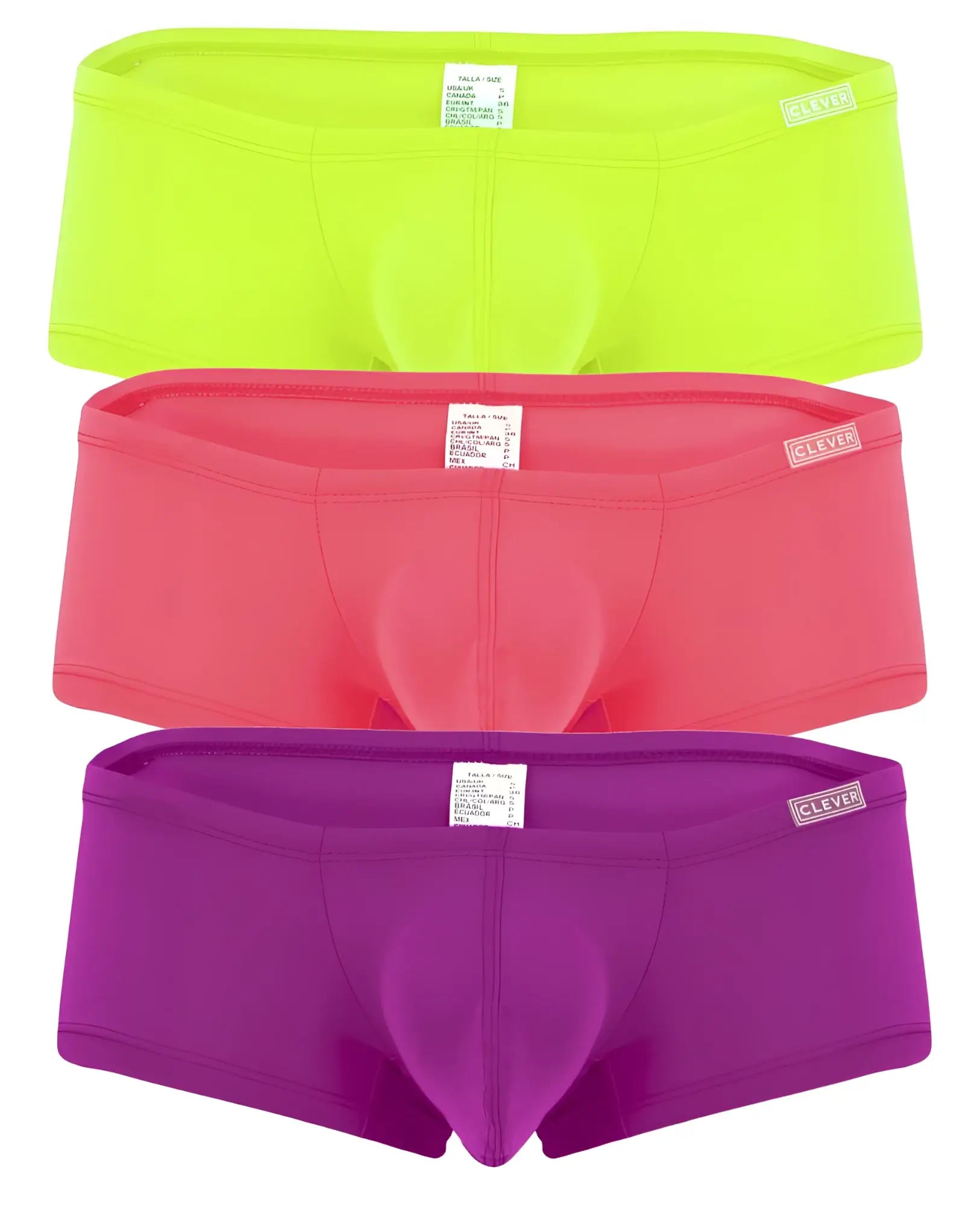 Three pairs of clever 229958 australian latin trunks in neon lime green coral pink and purple with elastic waistband