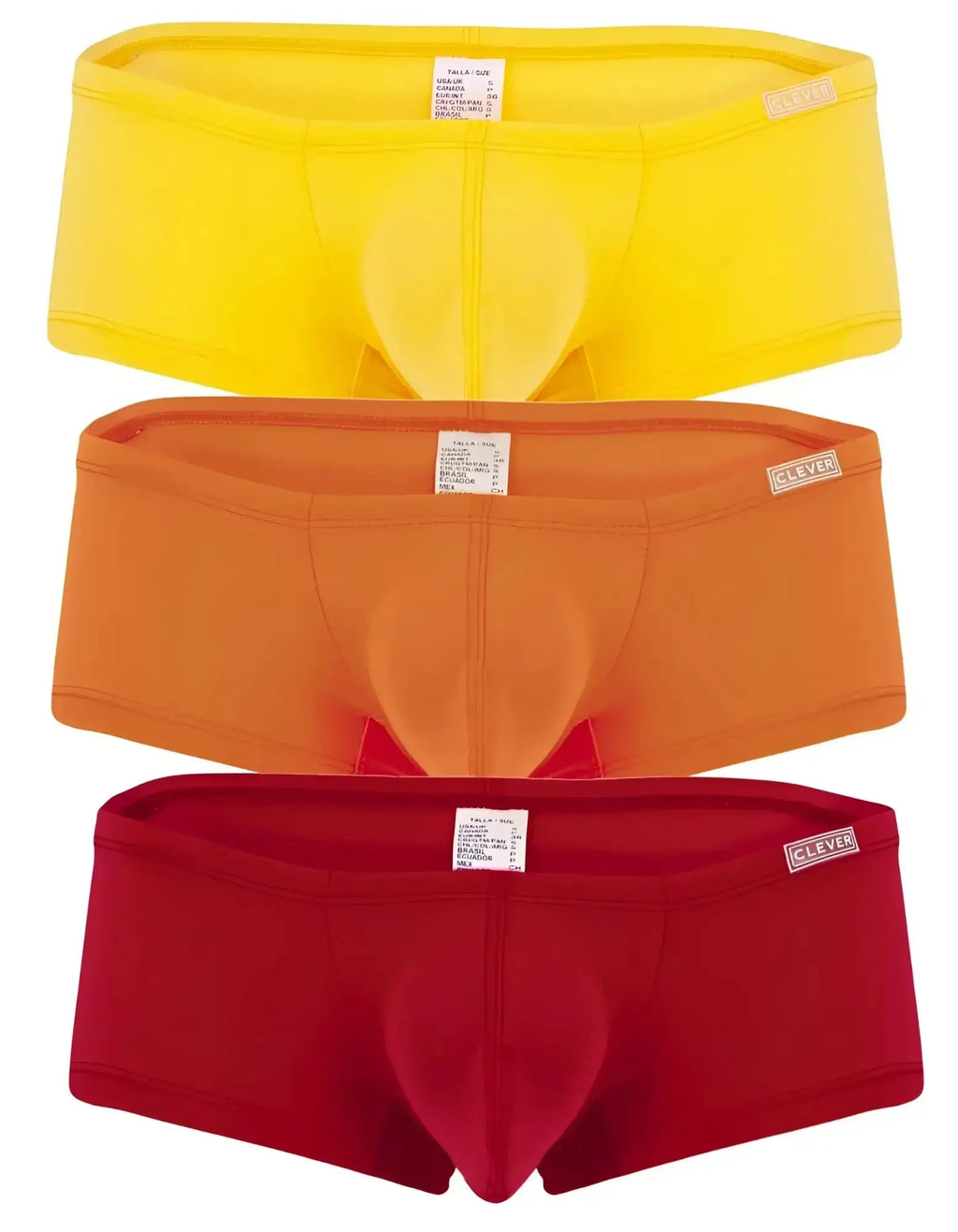 Three pairs of brightly colored clever australian latin trunks boxer briefs in yellow orange and red for everyday wear