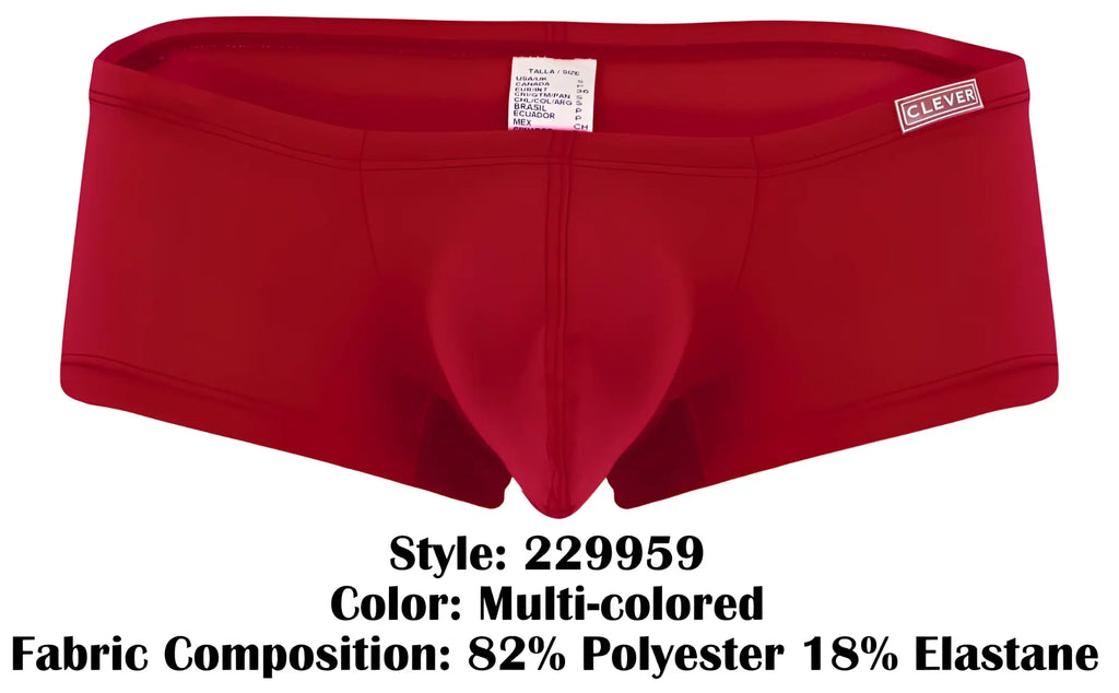 Red men’s briefs with supportive contoured design and clever brand label on waistband in multi-colored pack