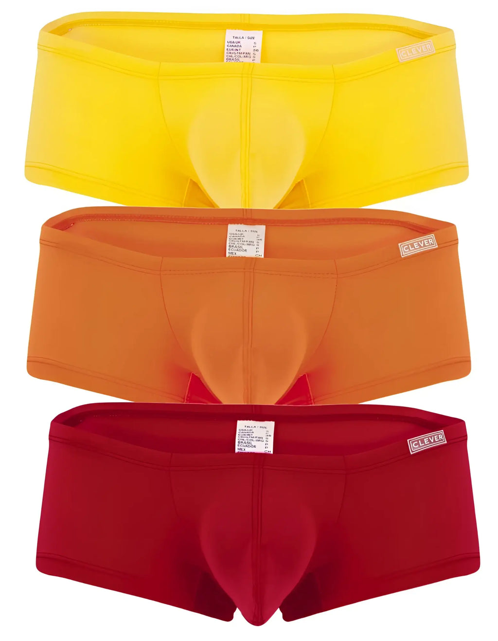 Three pairs of brightly colored clever australian latin trunks boxer briefs in yellow orange and red for everyday wear