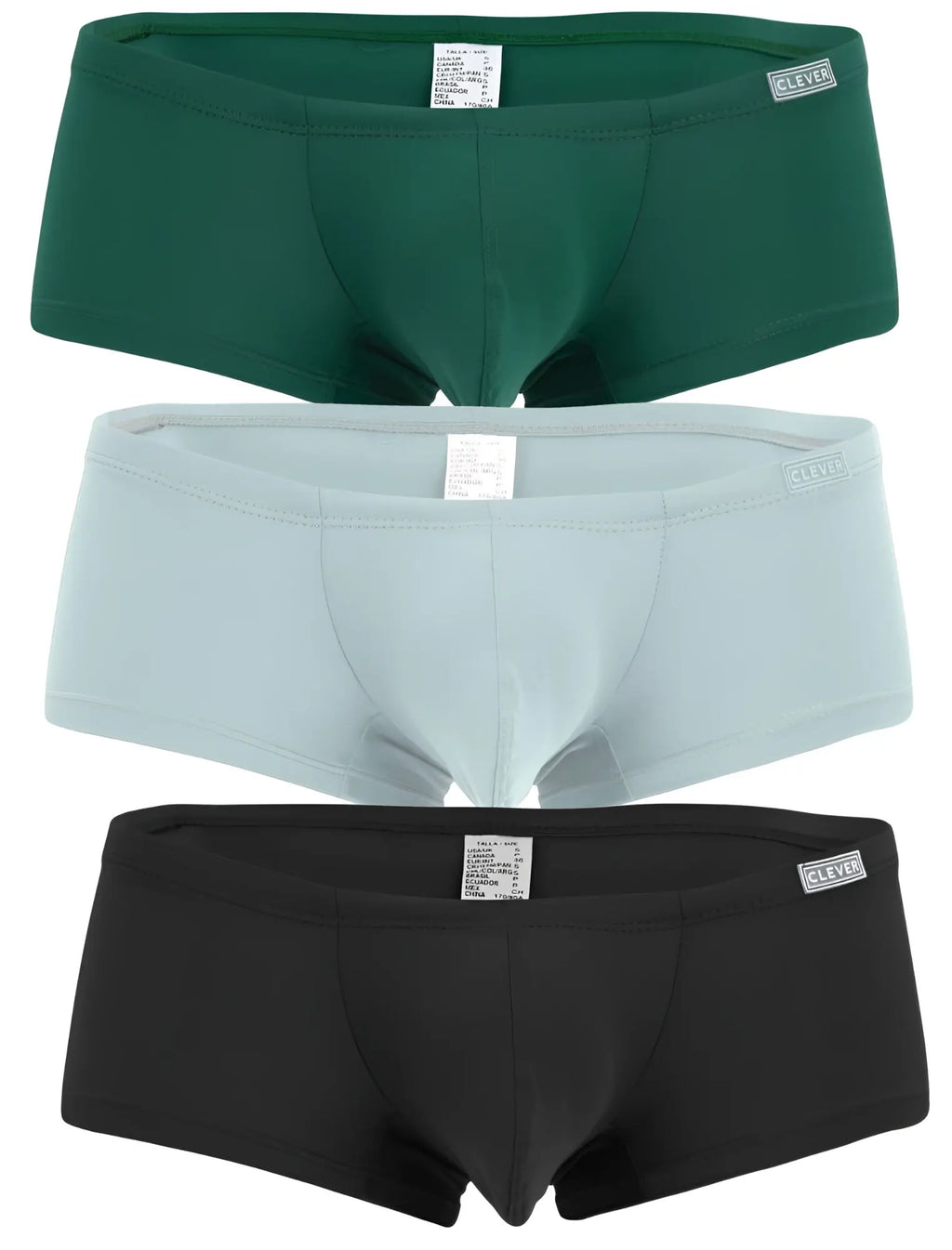 Three pairs of clever 229960 australian latin trunks in solid green light blue and black for comfortable everyday wear