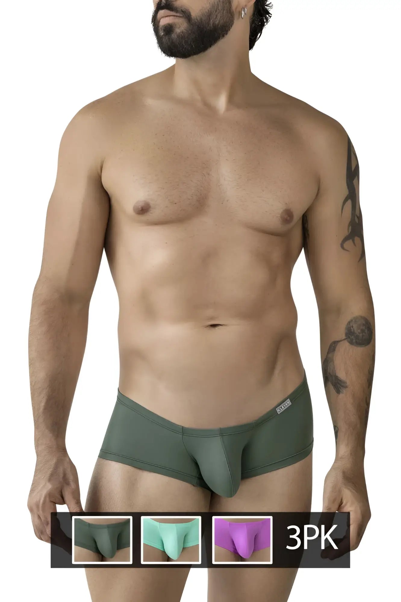 Olive green clever 229961 3pk australian latin trunks with smooth form fitting design and subtle logo waistband
