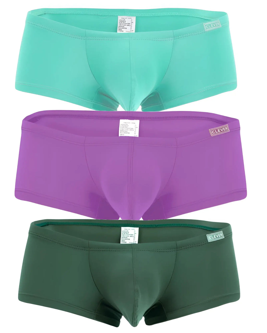 Three pairs of clever brand men’s briefs in solid teal purple and dark green australian latin trunks multicolored pack