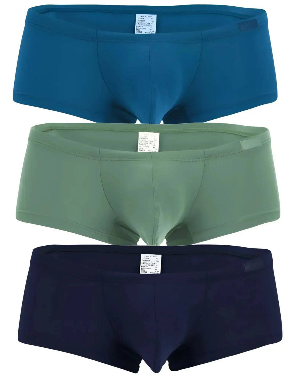 Three pairs of clever 229962 australian latin trunks in solid blue olive green and navy blue men’s briefs