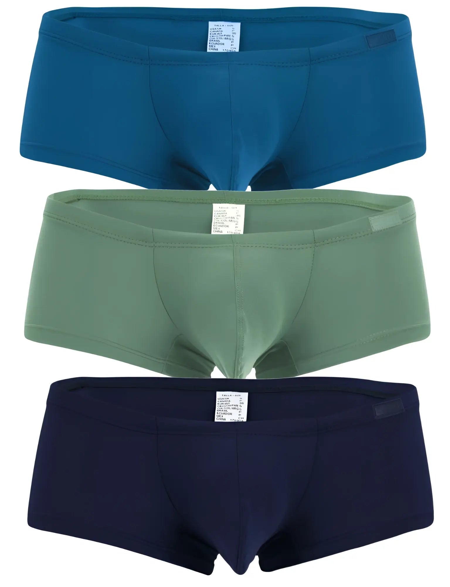 Three pairs of clever 229962 australian latin trunks in solid blue olive green and navy blue men’s briefs